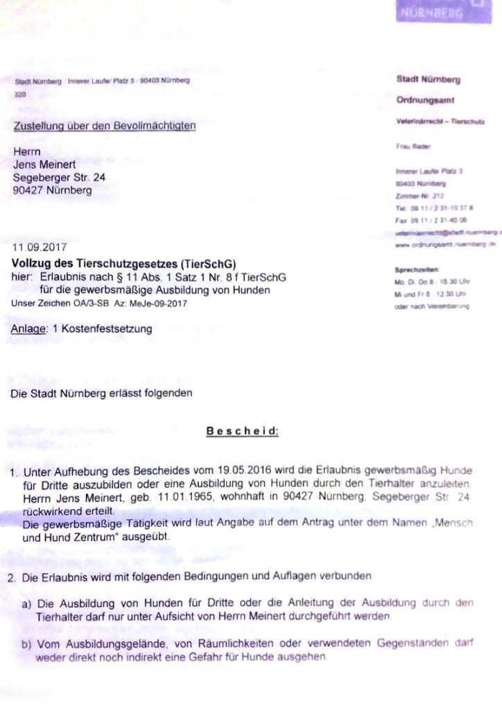 Berufserlaubnis Jens Meinert hundeschule nürnberg, Hundetrainer in Nürnberg, Fürth, Erlangen, Ansbach und Bayern